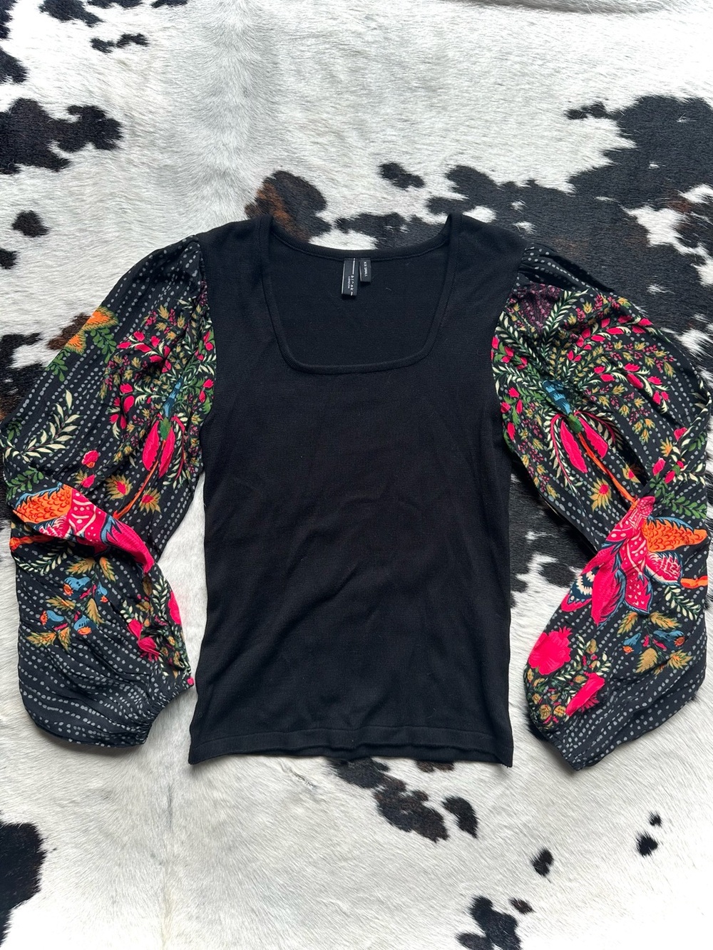 Black Peasant Sleeve Square Neck Top with Floral Print Sleeves
